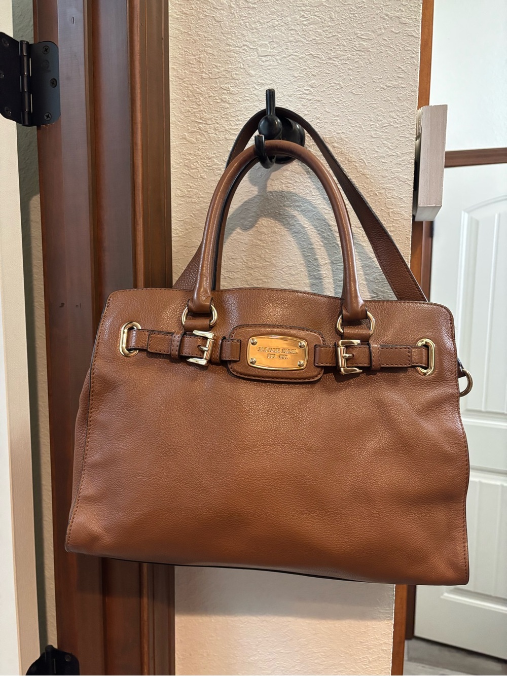 Michael Kors Cognac Leather Satchel with Gold-Tone Plaque